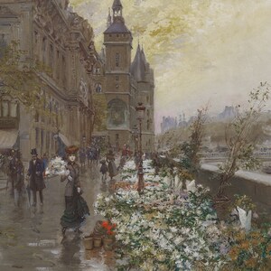 May include: A painting depicting a street scene in Paris, France. The street is lined with flower stalls and people are walking by. In the background, a bridge crosses a river and a tall building with a clock tower is visible.