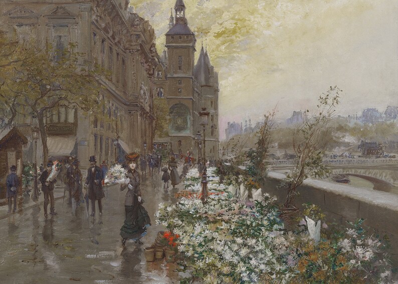 May include: A painting depicting a street scene in Paris, France. The street is lined with flower stalls and people are walking by. In the background, a bridge crosses a river and a tall building with a clock tower is visible.