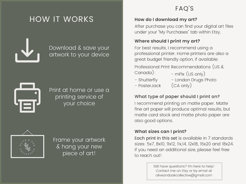May include: A green and white graphic with instructions on how to download and print digital art. The graphic includes a download icon, a printer icon, and a frame icon. The text includes "How it Works", "Download & save your artwork to your device", "Print at home or use a printing service of your choice", "Frame your artwork & hang your new piece of art!" and "FAQ's".