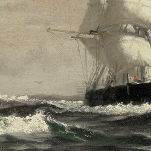 May include: A close-up of a large sailing ship at sea. The ship is partially visible, with its sails billowing in the wind. The water is choppy and white-capped, with a dark blue hue. The sky is a light gray, with a few wispy clouds.