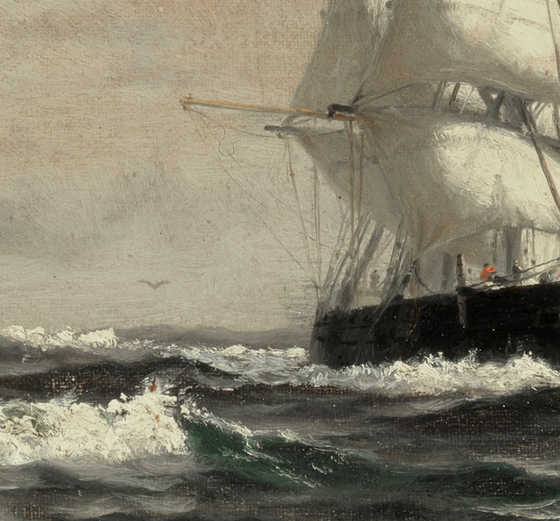 May include: A close-up of a large sailing ship at sea. The ship is partially visible, with its sails billowing in the wind. The water is choppy and white-capped, with a dark blue hue. The sky is a light gray, with a few wispy clouds.