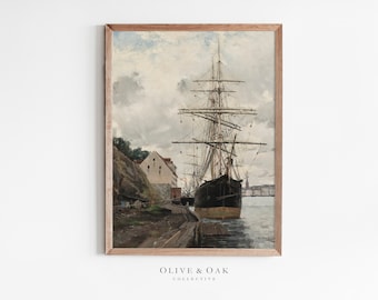 May include: A vintage painting of a large sailing ship docked at a harbor. The ship is black with white sails and is surrounded by buildings and a rocky shore. The sky is cloudy and the water is calm.