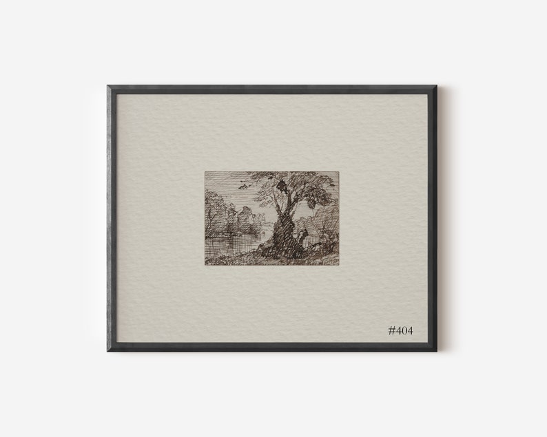 May include: A black and white pen and ink drawing of a tree in a landscape setting. The drawing is framed in a black frame with a white mount. The number #404 is printed in the bottom right corner of the frame.