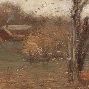 May include: A painting of a landscape with a small house in the background. The foreground is dominated by a large tree trunk with brown and gray bark. The brushstrokes are visible and the colors are muted, with browns, greens, and grays dominating the scene.