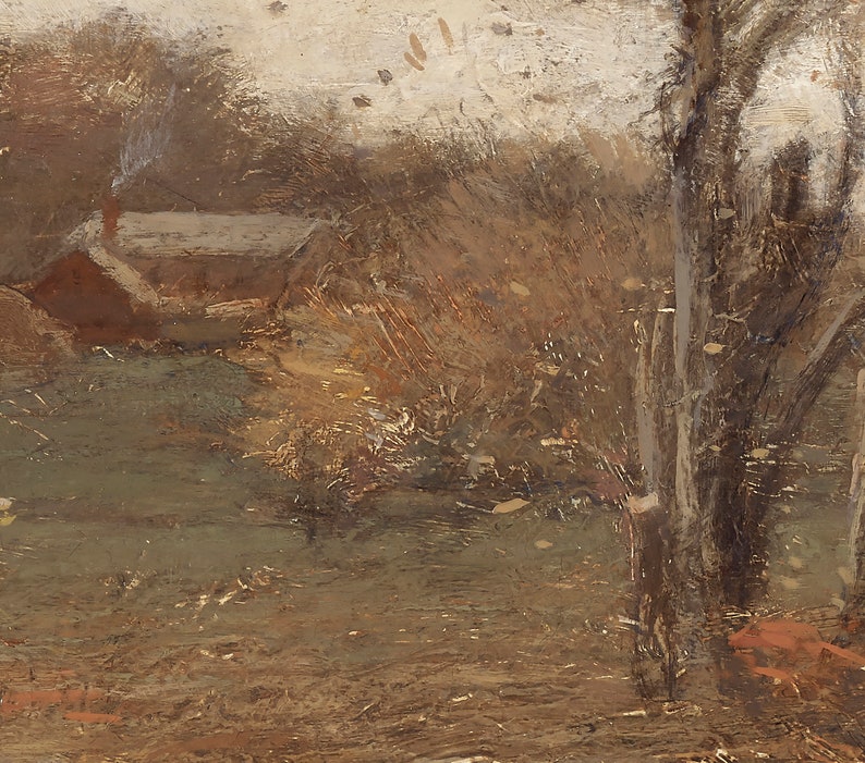 May include: A painting of a landscape with a small house in the background. The foreground is dominated by a large tree trunk with brown and gray bark. The brushstrokes are visible and the colors are muted, with browns, greens, and grays dominating the scene.