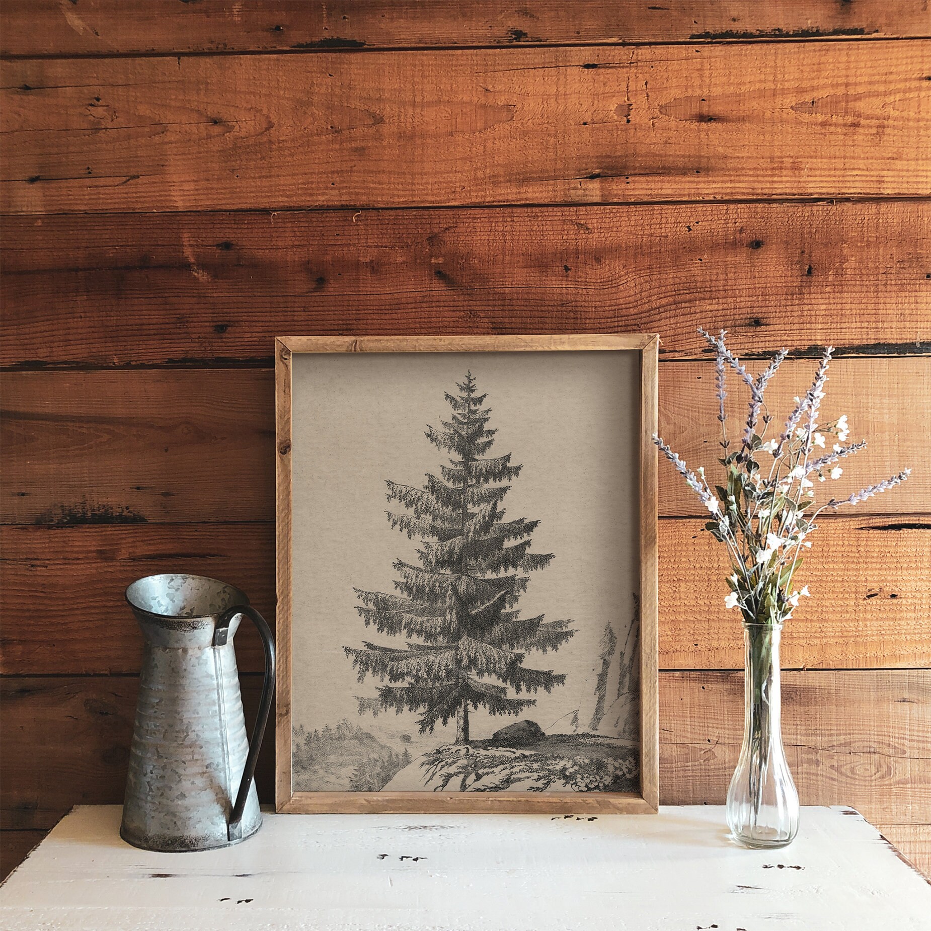 Vintage Neutral Tree Sketch Print / Rustic Spruce Tree Drawing | Etsy