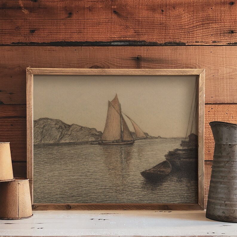 Neutral Wall Art Print / Vintage Sailboat Drawing / Nautical Decor ...