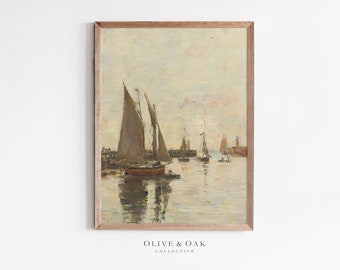 Neutral Seascape Painting / Antique Ship Art Print / Vintage Oil Painting PRINTABLE / #436