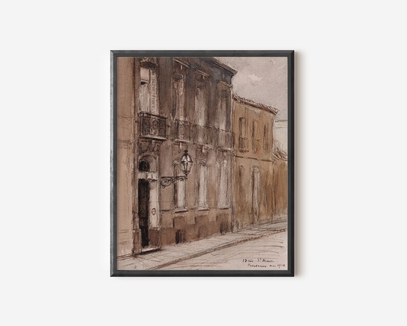 May include: A watercolor painting of a street scene in a European city. The buildings are painted in shades of brown and beige, and the street is empty. The painting is signed "Henri S. Rouvier, Provence, Mai 1918."
