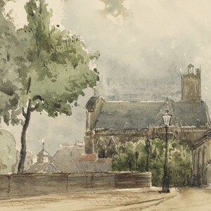 May include: Watercolor painting of a European cityscape. The artwork depicts a church with a tall tower, a street lamp, and a tree. The color palette is muted, with shades of gray, green, and brown. The style is reminiscent of a vintage postcard.