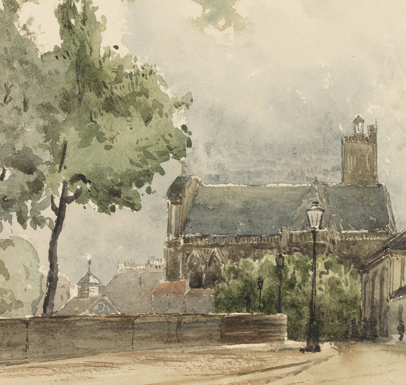 May include: Watercolor painting of a European cityscape. The artwork depicts a church with a tall tower, a street lamp, and a tree. The color palette is muted, with shades of gray, green, and brown. The style is reminiscent of a vintage postcard.