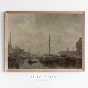 Moody Harbor Painting / Vintage Ship Painting / Nautical Decor PRINTABLE / #329