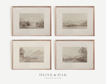 Neutral Aesthetic Decor Wall Art / Gallery Set of 4 Art Prints / Neutral Landscape Sketch Set of 4 / Downloadable Prints / G77