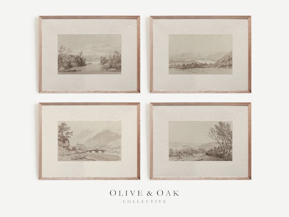Neutral Aesthetic Decor Wall Art / Gallery Set of 4 Art Prints / Neutral Landscape Sketch Set of 4 / Downloadable Prints / G77