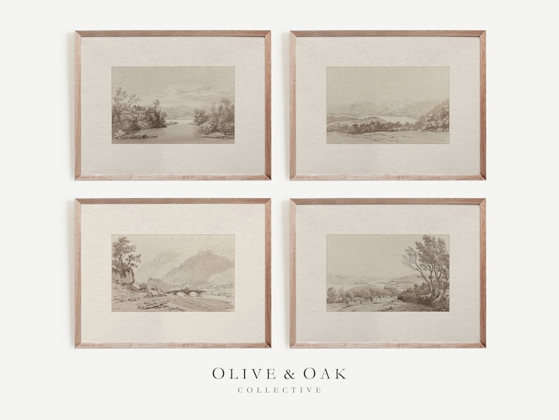 May include: Set of four framed black and white landscape drawings. Each drawing depicts a different scenic view with trees, mountains, and water. The frames are a light brown wood.