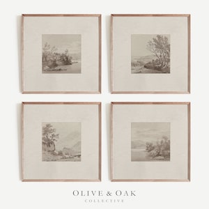 Set of Four Neutral Landscape Sketch Prints / Neutral Gallery Wall Set of 4 / Square Art Prints / PRINTABLE Wall Art Digital Prints / #G83