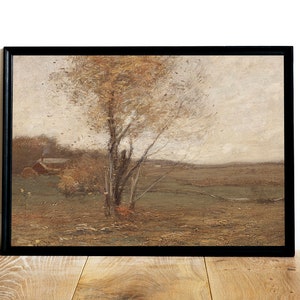 May include: A painting of a landscape with a single tree in the center. The tree is bare and the leaves are brown. The sky is a light gray and there is a small house in the background.