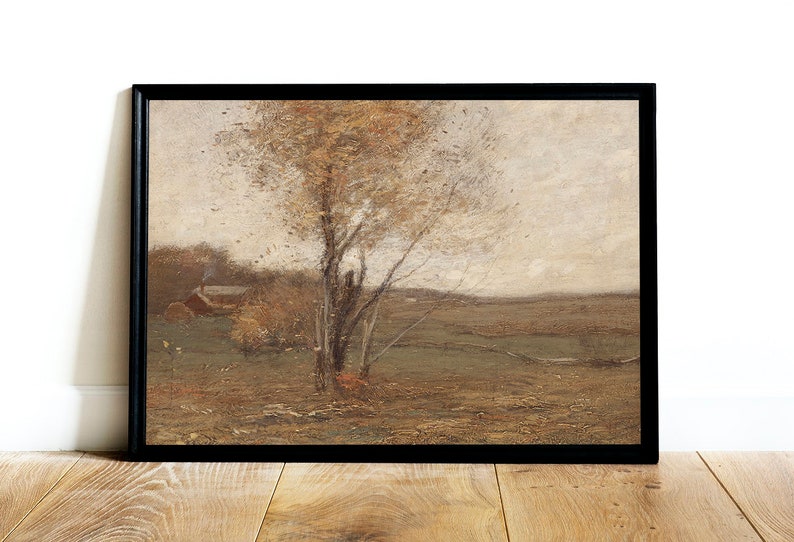 May include: A painting of a landscape with a single tree in the center. The tree is bare and the leaves are brown. The sky is a light gray and there is a small house in the background.