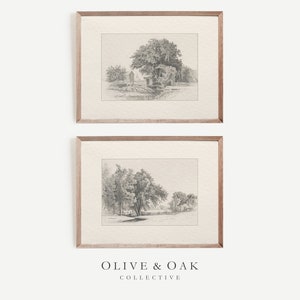 Set of 2 Landscape Sketches / Neutral Decor Wall Art / Farmhouse Art Prints / Set of Prints / #G60