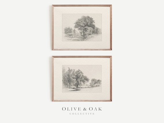 Set of 2 Landscape Sketches / Neutral Decor Wall Art / Farmhouse Art Prints / Set of Prints / #G60