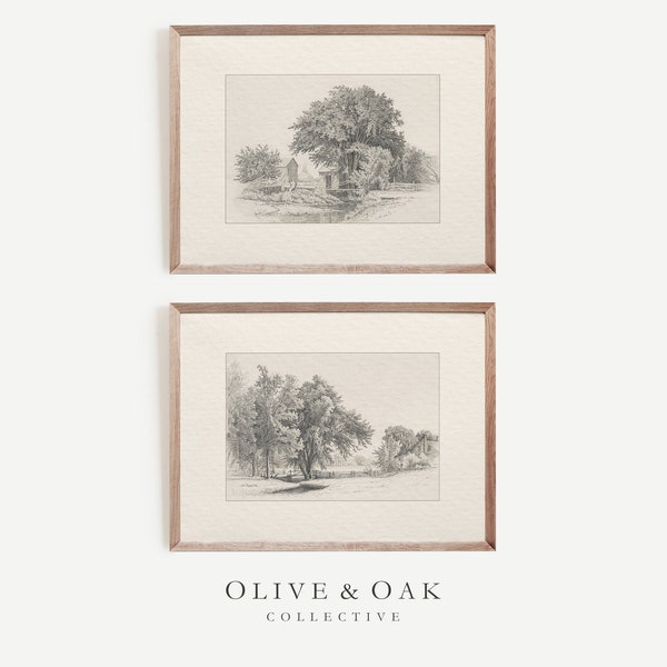 Set of 2 Landscape Sketches / Neutral Decor Wall Art / Farmhouse Art Prints / Set of Prints / #G60