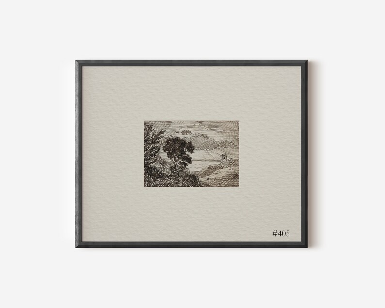May include: A black and white pen and ink drawing of a landscape with a tree in the foreground and a body of water in the background. The drawing is framed in a black frame with a white mount and the number #405 printed in the bottom right corner.