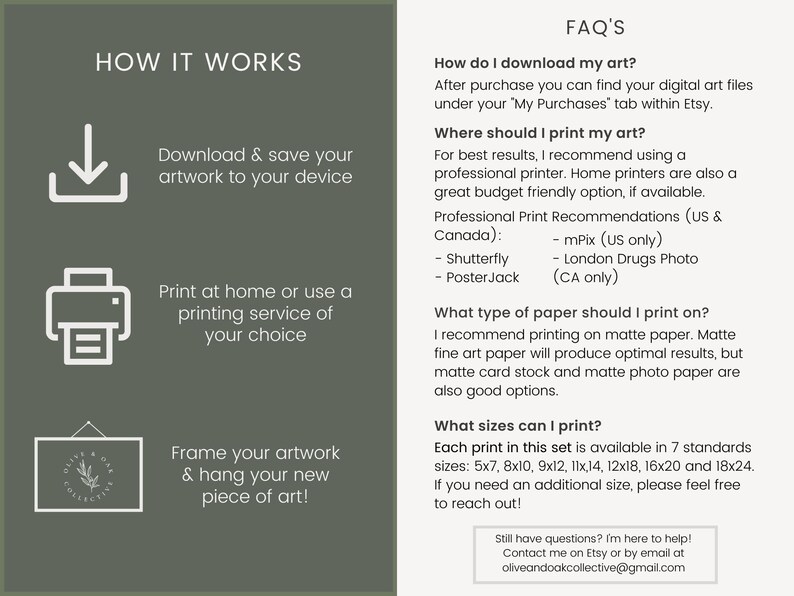 Puede incluir: Un gr&aacute;fico verde y blanco con instrucciones sobre c&oacute;mo descargar e imprimir arte digital. El gr&aacute;fico incluye una flecha de descarga, un icono de impresora y un icono de marco. El texto incluye "C&oacute;mo funciona", "Descarga y guarda tu obra de arte en tu dispositivo", "Imprime en casa o utiliza un servicio de impresi&oacute;n de tu elecci&oacute;n", "Enmarca tu obra de arte y cuelga tu nueva obra de arte!" y "Preguntas frecuentes".