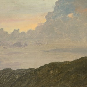 May include: A painting depicting a landscape with a cloudy sky and rolling hills in the foreground. The sky is a soft blue with hints of pink and orange. The hills are a dark green.