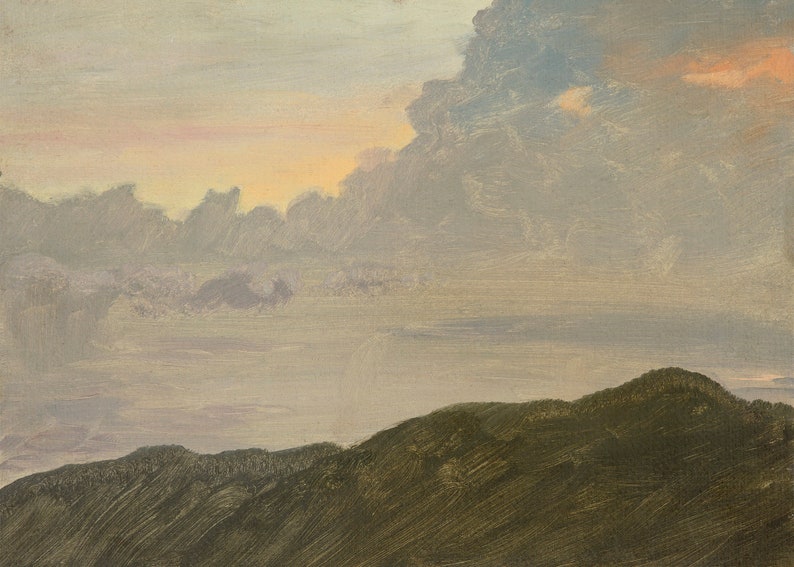 May include: A painting depicting a landscape with a cloudy sky and rolling hills in the foreground. The sky is a soft blue with hints of pink and orange. The hills are a dark green.