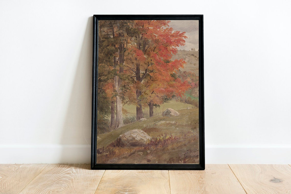 Autumn Tree Oil Painting / Vertical Landscape Fall Art Digital Etsy