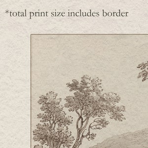 May include: A black and white ink drawing of a landscape with trees and hills. The drawing is on a textured paper background.
