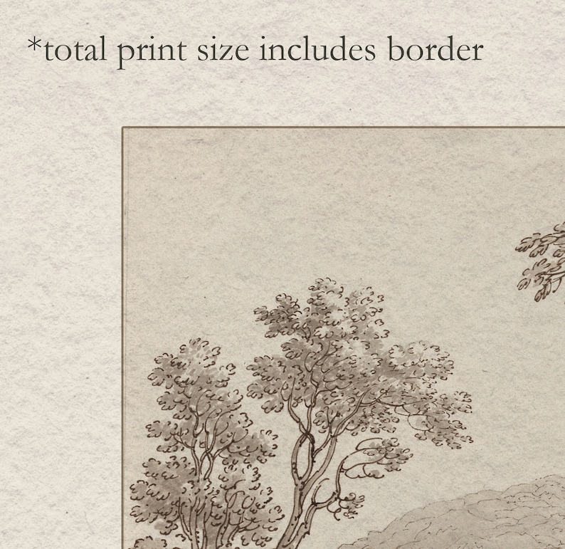 May include: A black and white ink drawing of a landscape with trees and hills. The drawing is on a textured paper background.