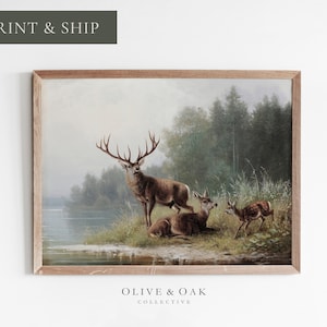 Deer Landscape Painting / Man Cave Hunting Decor / Cabin Wall Art PRINTED or FRAMED / #382-m