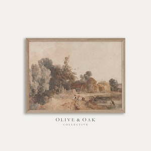 May include: A watercolor painting depicting a rural landscape with a farmhouse, trees, and a stream. The sky is a soft pink and the scene is bathed in a warm, golden light.