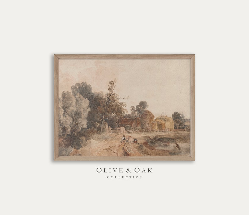 May include: A watercolor painting depicting a rural landscape with a farmhouse, trees, and a stream. The sky is a soft pink and the scene is bathed in a warm, golden light.