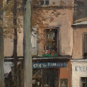 May include: A painting of a street scene in Paris, France. The painting features a building with a blue sign that reads "Chez le Drapiers". There are trees in the foreground and a window with a flower box on the building.
