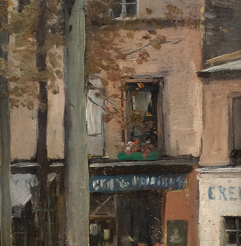 May include: A painting of a street scene in Paris, France. The painting features a building with a blue sign that reads "Chez le Drapiers". There are trees in the foreground and a window with a flower box on the building.