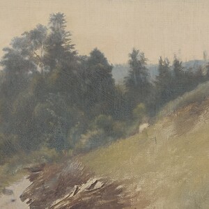 May include: A painting of a forest scene with a stream running through it. The trees are a dark green and the sky is a light blue. The painting is done in a realistic style.
