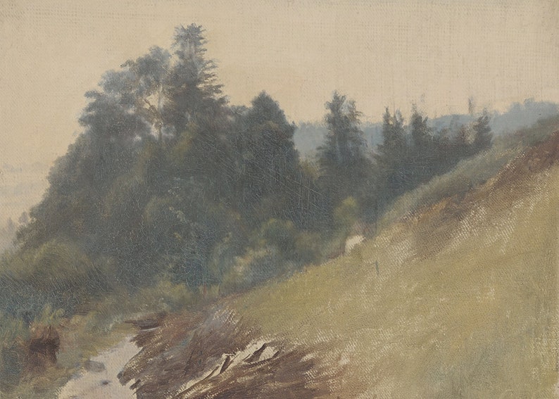 May include: A painting of a forest scene with a stream running through it. The trees are a dark green and the sky is a light blue. The painting is done in a realistic style.