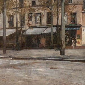 May include: A painting of a street scene in Paris, France. The painting depicts a street lined with trees and buildings. There are awnings over the storefronts and people walking on the sidewalk. The street is paved with cobblestones and there is a horse-drawn carriage in the distance.