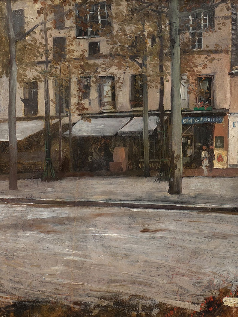 May include: A painting of a street scene in Paris, France. The painting depicts a street lined with trees and buildings. There are awnings over the storefronts and people walking on the sidewalk. The street is paved with cobblestones and there is a horse-drawn carriage in the distance.