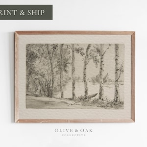 Peut inclure: Un dessin au trait noir et blanc représentant une scène de forêt avec des arbres et un petit bateau sur l'eau. Le dessin est encadré dans un cadre en bois clair.
