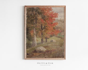 Autumn Tree Oil Painting / Vertical Landscape Fall Art Digital PRINTABLE / #263