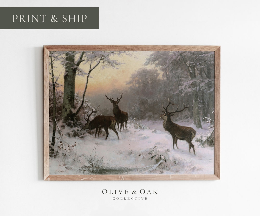 Deer Landscape Painting / Winter Snow Art Print / Cabin Decor Printed ...