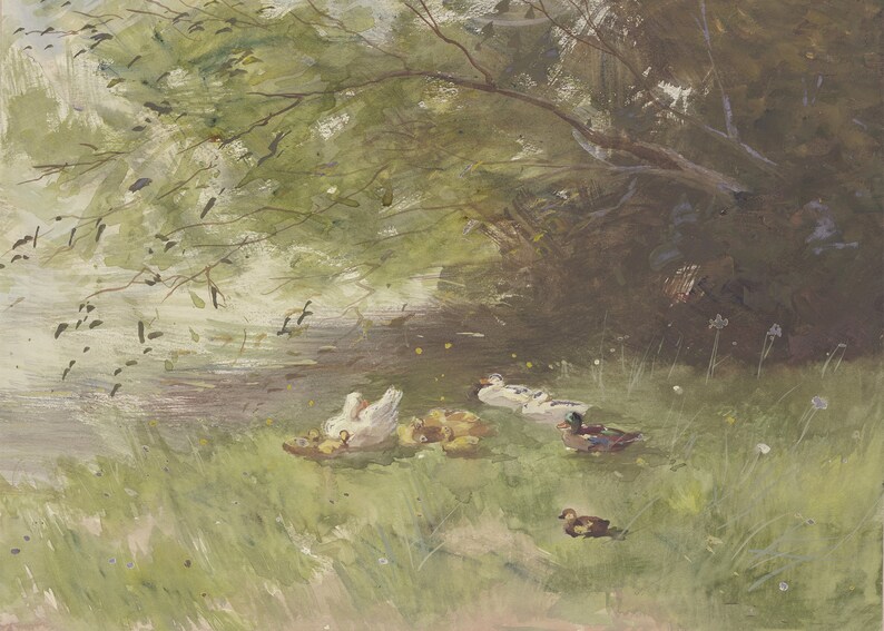 Puede incluir: Una pintura de acuarela de un grupo de patos y patitos en un &aacute;rea cubierta de hierba cerca de un estanque. Los patos son blancos y marrones, y los patitos son amarillos. La pintura est&aacute; hecha en una paleta suave y tenue.