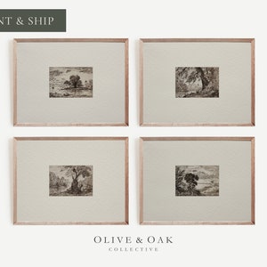 May include: Set of four framed black and white landscape prints with a rustic wood frame. Each print features a different scene with trees and a river.
