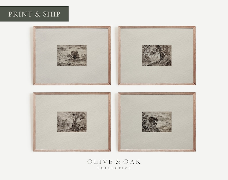 May include: Set of four framed black and white landscape prints with a rustic wood frame. Each print features a different scene with trees and a river.