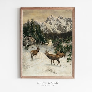 Winter Art Print / PRINTABLE Deer Painting / Snowy Mountain Painting / #496