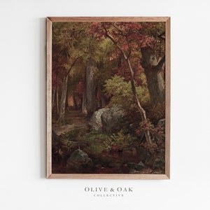 May include: A painting depicting a woodland scene with a path winding through the trees. The trees are predominantly green with some red and yellow foliage. A large boulder is in the foreground and a small stream flows through the forest.