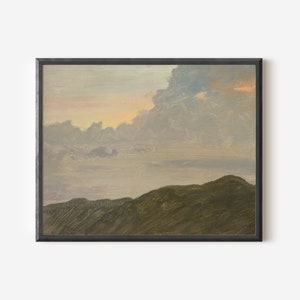 May include: A painting depicting a landscape with a cloudy sky and rolling hills in the foreground. The sky is a soft pink and blue, with wispy clouds. The hills are a dark green, with a few trees scattered throughout.